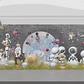 Creative Indoor Landscape Featuring Moon Stars Theme Astronaut Robot Figures Hanging Planets Rocket Models 3d model
