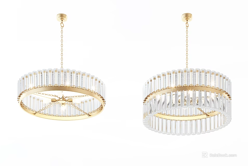 Modern Crystal Chandeliers With Gold Frame And Transparent Crystal Bars Hanging Design 3d model 