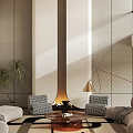 Modern Duplex Living Room Interior With Circular Lighting Sofa Chairs Fireplace And Staircase