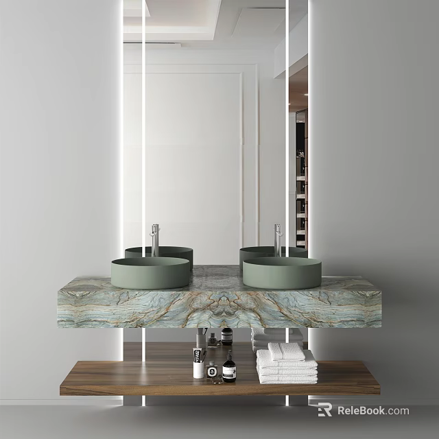 Modern Bathroom Vanity With Double Green Sinks Marble Countertop And Mirror 3d model 