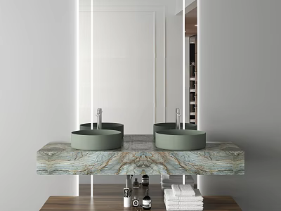 Modern Bathroom Vanity With Double Green Sinks Marble Countertop And Mirror 3d model