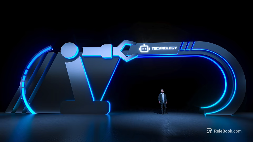 Technology Event Entrance Displaying TECHNOLOGY Sign With Blue Neon Lighting And Wrench Design 3d model 