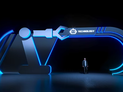 Technology Event Entrance Displaying TECHNOLOGY Sign With Blue Neon Lighting And Wrench Design 3d model