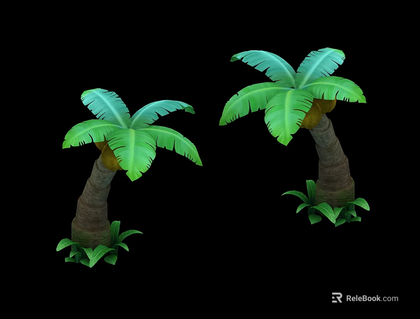 Green Palm Trees With Brown Trunks And Lush Leaves On Black Background 3d model 