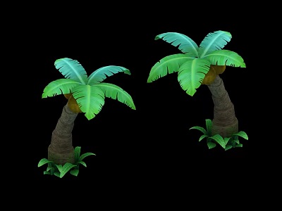 Green Palm Trees With Brown Trunks And Lush Leaves On Black Background 3d model