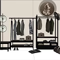 Open Style Wardrobe Interior with Hanging Coats Shirts Bags Shoes Drawers and Decorative Lamps