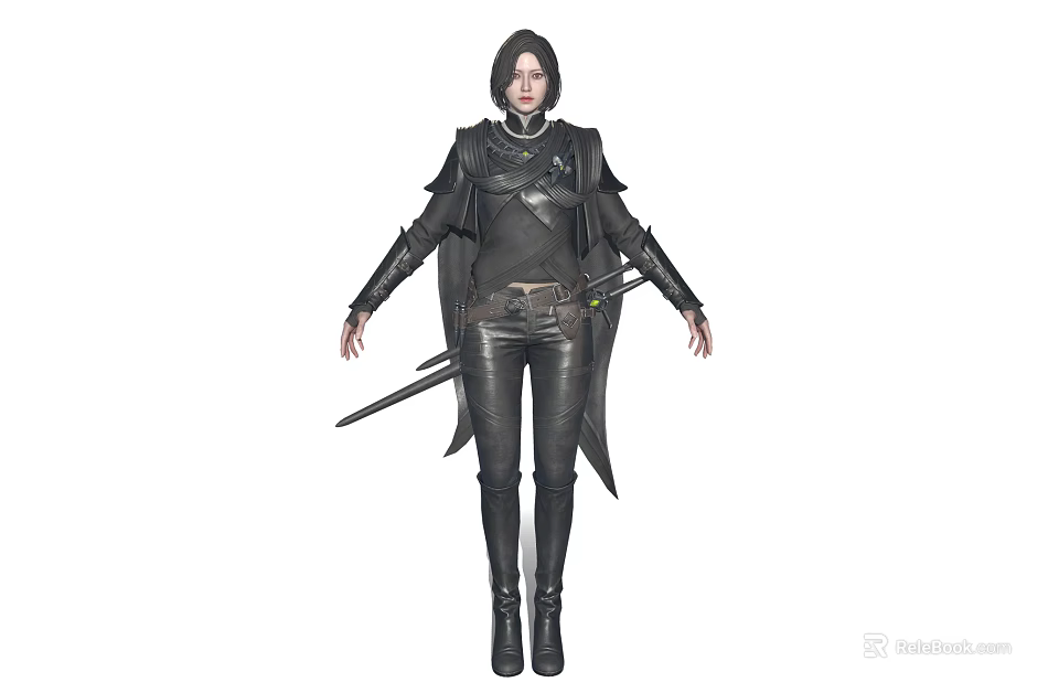 Detailed Dark Warrior Character In Black Outfit Holding Sword And Leather Armor 3d model 