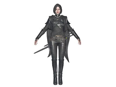 Detailed Dark Warrior Character In Black Outfit Holding Sword And Leather Armor 3d model