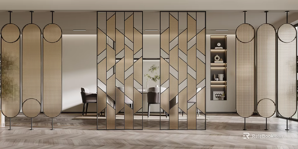 Elegant Geometric Partition Screen With Metal Frame In Dining Interior With Chairs And Green Plant 3d model 