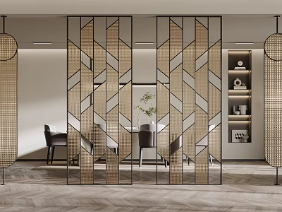 Elegant Geometric Partition Screen With Metal Frame In Dining Interior With Chairs And Green Plant 3d model