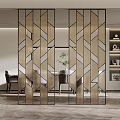 Elegant Geometric Partition Screen With Metal Frame In Dining Interior With Chairs And Green Plant