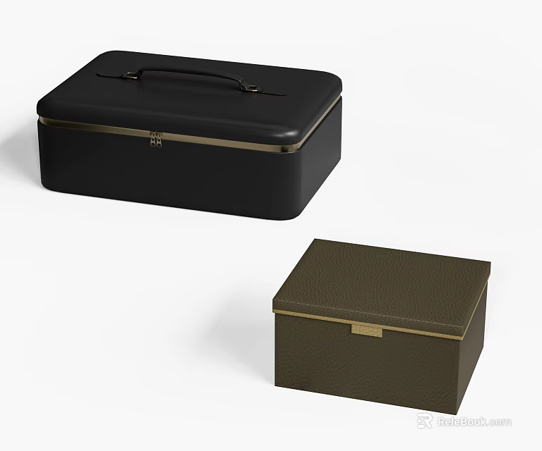 Two Stylish Storage Boxes Black With Metallic Handle And Dark Green Textured Surface Clasp 3d model 
