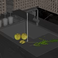 Black Kitchen Sink With Glass Rack Apples And Running Water On Marble Countertop