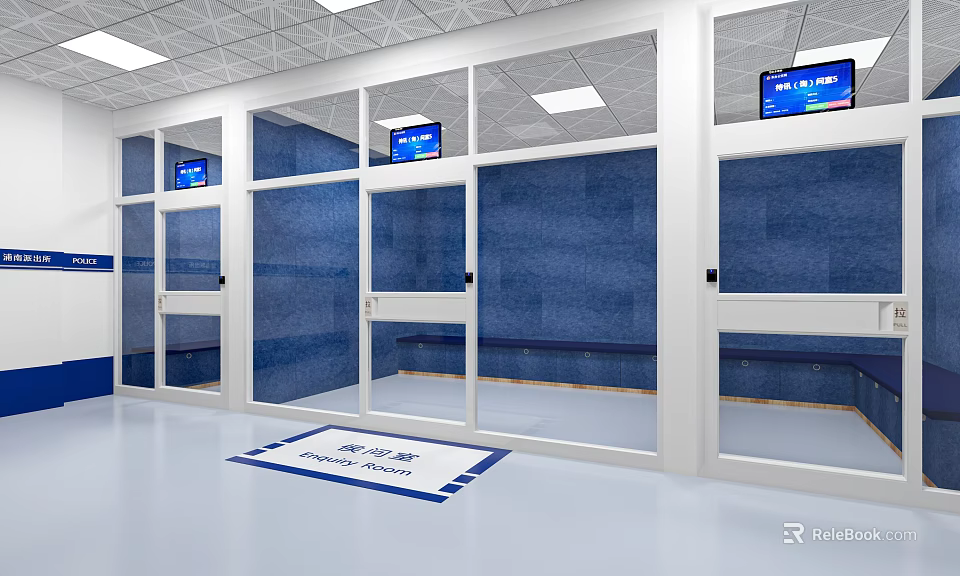 Modern Glass Partition Waiting Area With Blue Walls Seats Screens And Floor Mat 3d model 