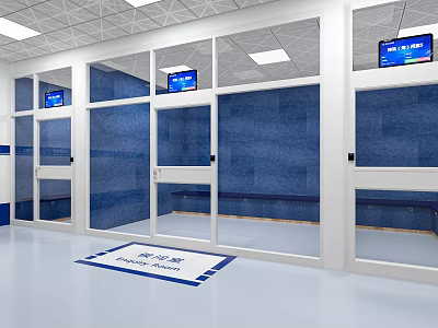 Modern Glass Partition Waiting Area With Blue Walls Seats Screens And Floor Mat 3d model