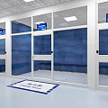 Modern Glass Partition Waiting Area With Blue Walls Seats Screens And Floor Mat