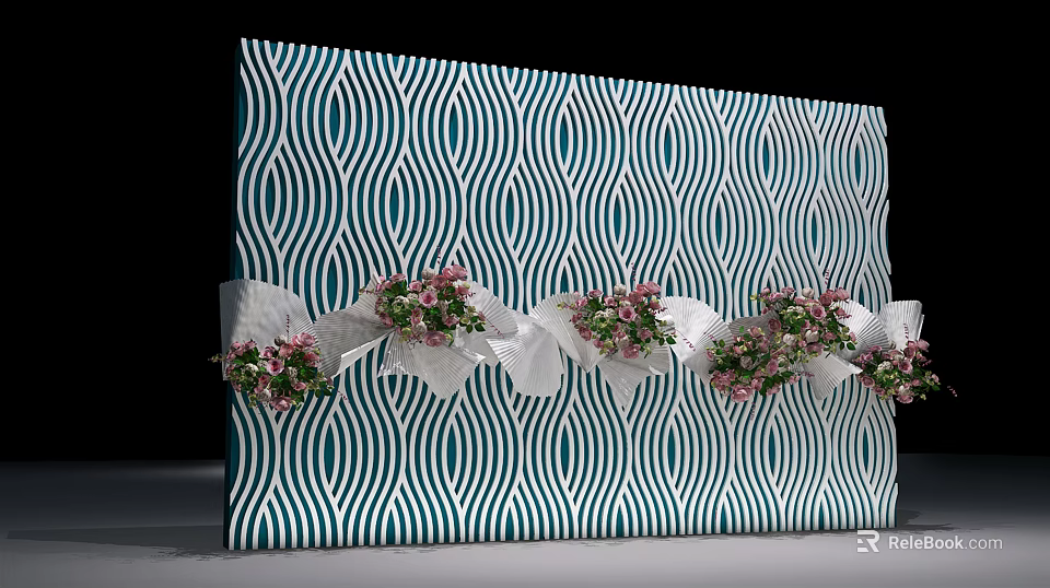Decorative Panel With Blue White Wavy Pattern Adorned With White Wrapped Pink Green Flower Bouquets 3d model 