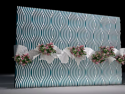 Decorative Panel With Blue White Wavy Pattern Adorned With White Wrapped Pink Green Flower Bouquets 3d model