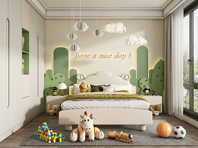Cozy Kids Room with Cloud Pendant Lights Green Wall Cactus Patterns White Bed and Toys 3d model