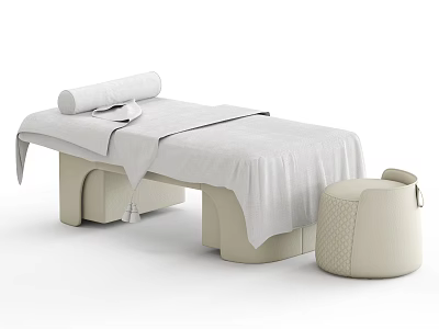 Beige Massage Bed Covered With White Towel And Matching Stool In Simple Modern Style 3d model