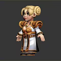 Cartoon Style 3D Character With Blonde Hair Green Eyes White Robe Gold Orange Accents