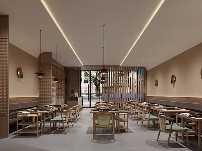 Modern Open Restaurant Interior Design With Wooden Tables Chairs Hanging Lights And Natural Light 3d model
