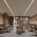 Modern Open Restaurant Interior Design With Wooden Tables Chairs Hanging Lights And Natural Light