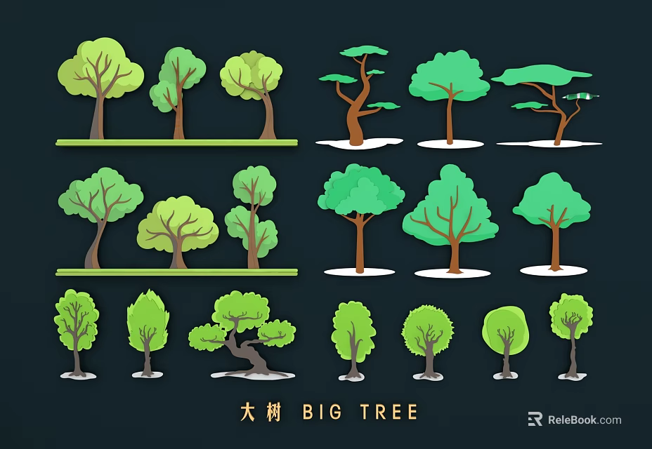 Big Tree Wall Decor with Various Green Illustration Style Tree Designs 3d model