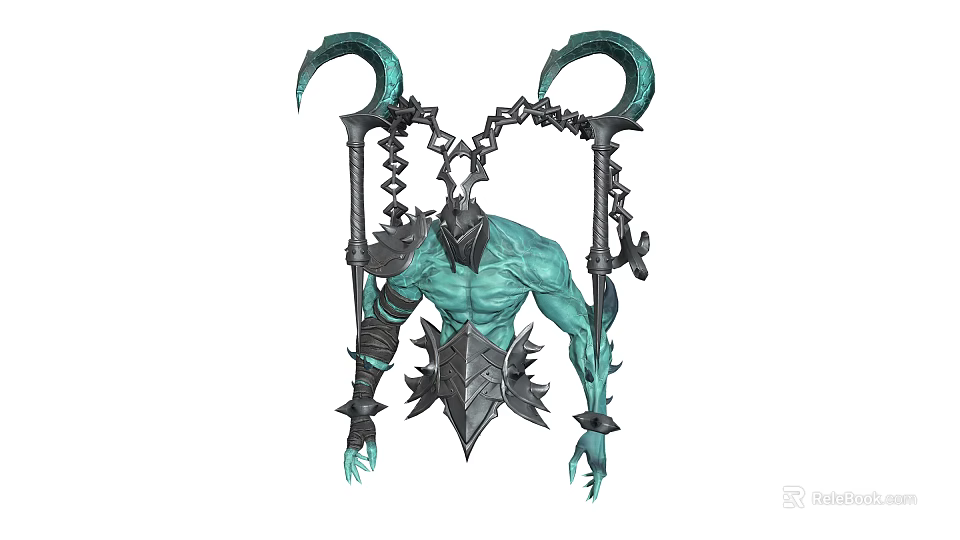 Green Skinned Fantasy Creature Character With Dual Scythes And Chain Armor Details 3d model 