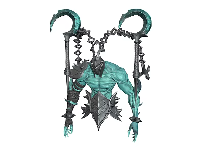 Green Skinned Fantasy Creature Character With Dual Scythes And Chain Armor Details 3d model