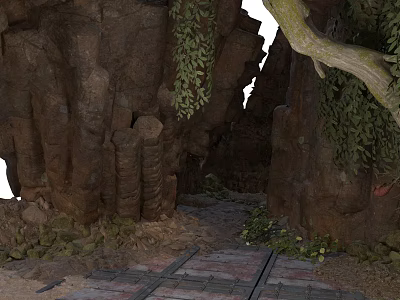 Natural Cave Entrance With Rocky Walls Green Vines And Stone Path 3d model
