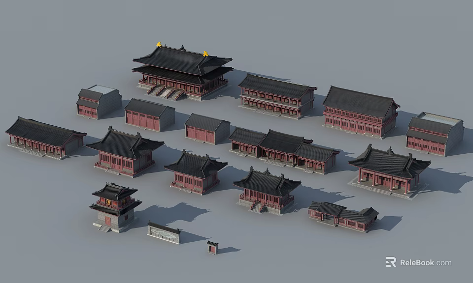 Ancient Chinese Architecture Models With Traditional Black Roofs And Red Structures 3d model 