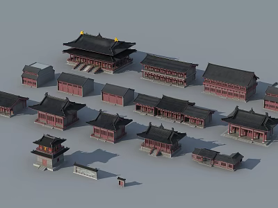 Ancient Chinese Architecture Models With Traditional Black Roofs And Red Structures 3d model