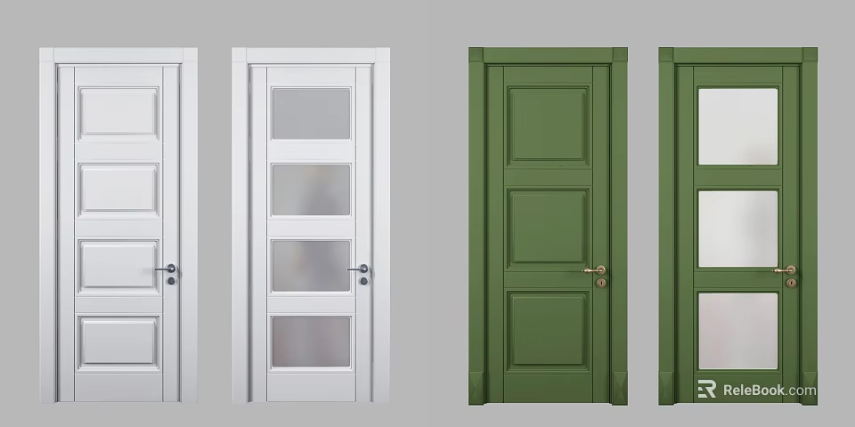 White and Green Hinged Doors With Glass Panels and Solid Panel Design 3d model