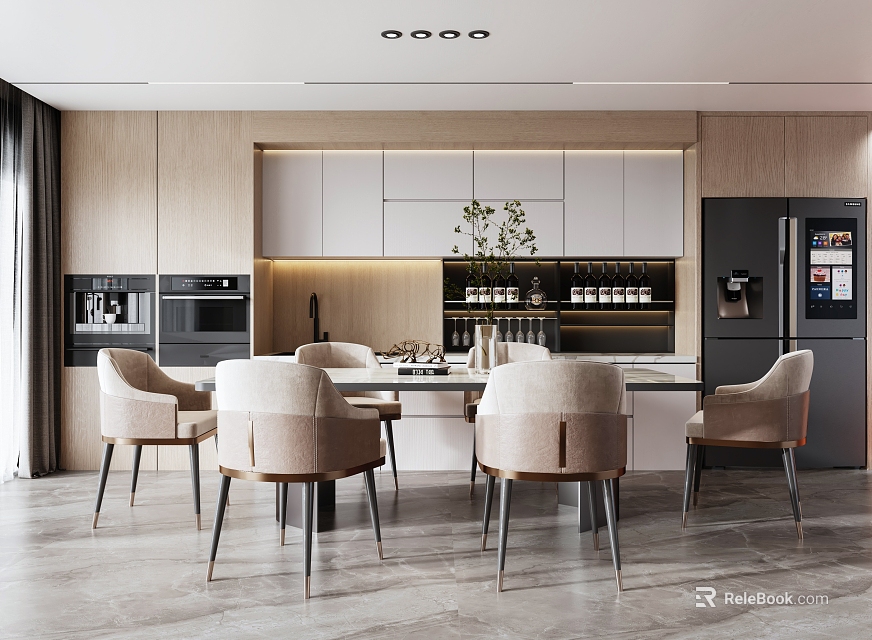 Modern Restaurant Interior With Island Counter Dining Table Beige Chairs Plant Decoration And Wooden Cabinets 3d model 