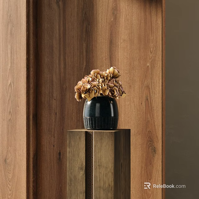 Black Ceramic Vase With Brown Hydrangea Flowers On Wooden Pedestal Against Wooden Wall 3d model 