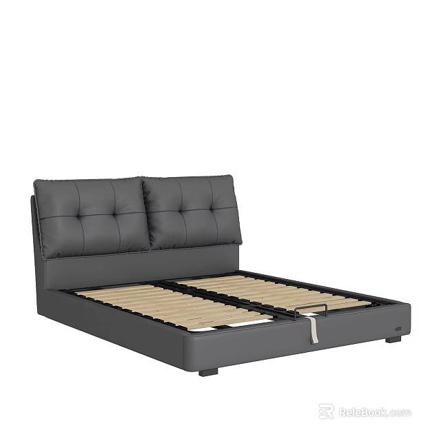 Modern Gray Upholstered Double Bed With Button Tufted Headboard And Wooden Slat Support 3d model 