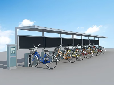 Roadside Covered Bicycle Parking Facility With Multiple Bike Docks And Control Panel 3d model