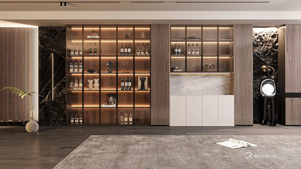Modern Wine Cabinet With Glass Doors LED Lighting And Wine Bottle 3d model 