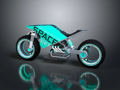 Futuristic Teal Motorcycle With SPACE BIKE Design And Neon Lit Wheels 3d model
