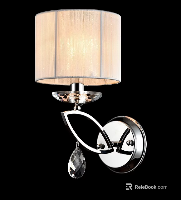 Modern Chrome Wall Sconce With White Fabric Lampshade Crystal Pendant And Metal Frame 3d model 