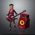 Child in Red Coat and Hat Holding Red Electric Guitar with Red Smiling Face Speaker