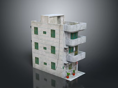 Three Story Gray Brick Building With Green Windows Balconies And Flower Pots 3d model