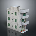 Three Story Gray Brick Building With Green Windows Balconies And Flower Pots