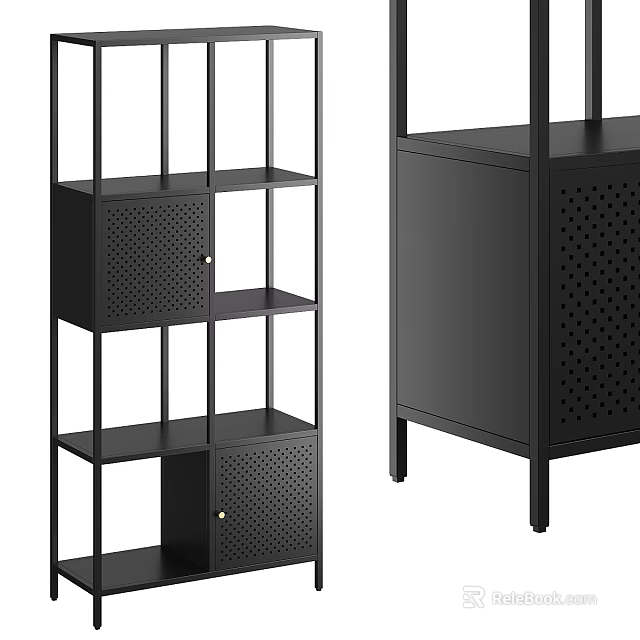 Stylish Black Metal Decorative Cabinet With Open Shelves And Perforated Storage Doors For Home 3d model 