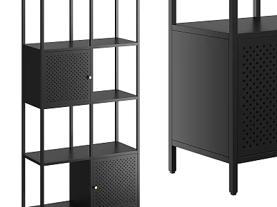 Stylish Black Metal Decorative Cabinet With Open Shelves And Perforated Storage Doors For Home 3d model