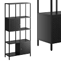 Stylish Black Metal Decorative Cabinet With Open Shelves And Perforated Storage Doors For Home
