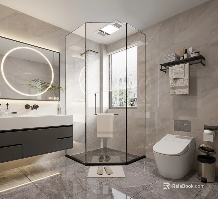 Modern Bathroom Interior With Round Illuminated Mirror Glass Shower White Toilet Black Vanity And Marble Walls 3d model 