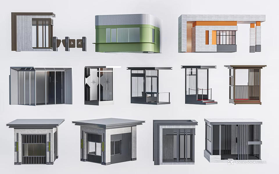Various Small Building Kiosk Designs With Modern Styles Different Colors And Windows 3d model 