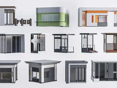 Various Small Building Kiosk Designs With Modern Styles Different Colors And Windows 3d model